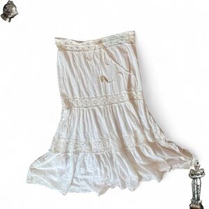 2000s white boho tiered crochet maxi skirt with beaded tie waist